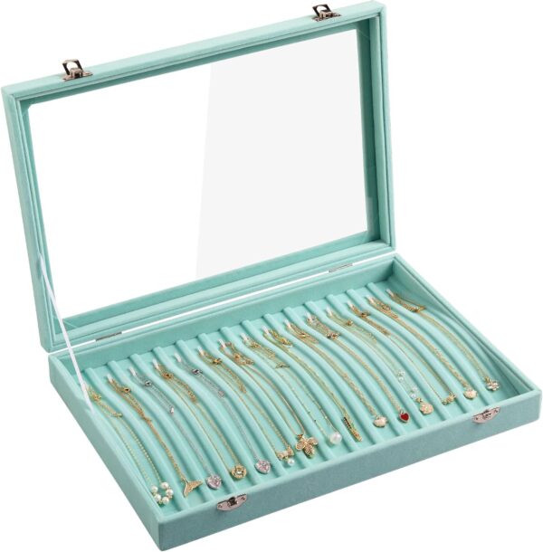 15 Hooks Necklace Tray Velvet Neckalce Organizer with Clear Lid Lockable